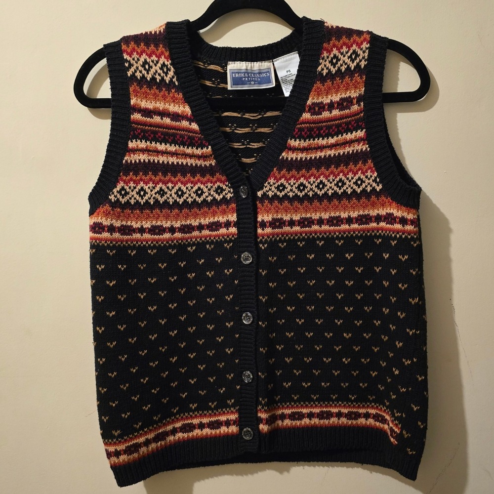 Vintage 90s Erika Classics Sweater Vest Womens PS Navy Fair Isle Knit Cardigan
